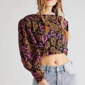 FREE PEOPLE  No Ordinary Floral Purple Yellow Open Back Boat Neck Puff Sleeve M